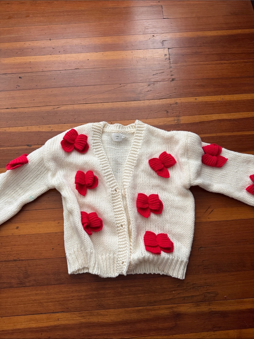 Cream Knit Cardigan with Red Bow Appliqués